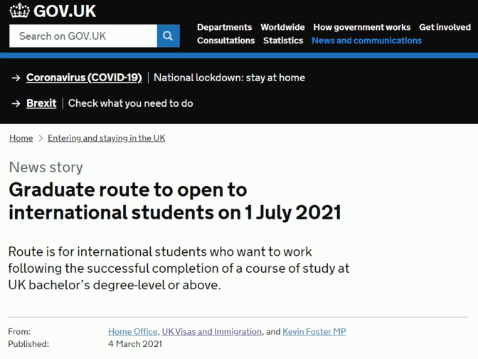 2021年7月1日英国政府将重开PSW签证申请-留学生毕业后工作签证